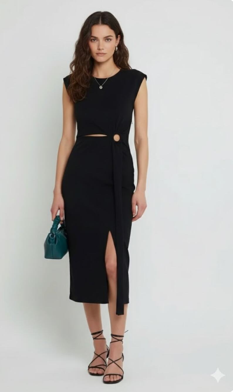 Kourt Cut Out Gathered Ring Midi Dress Black Short Sleeve Womens Size Medium New